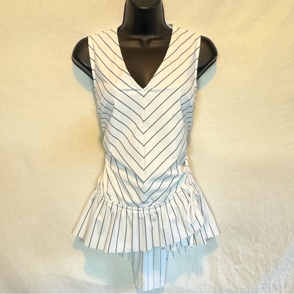 C-113 Lysse White & Black Stripe Sleeveless High Low Pullover Blouse Size S